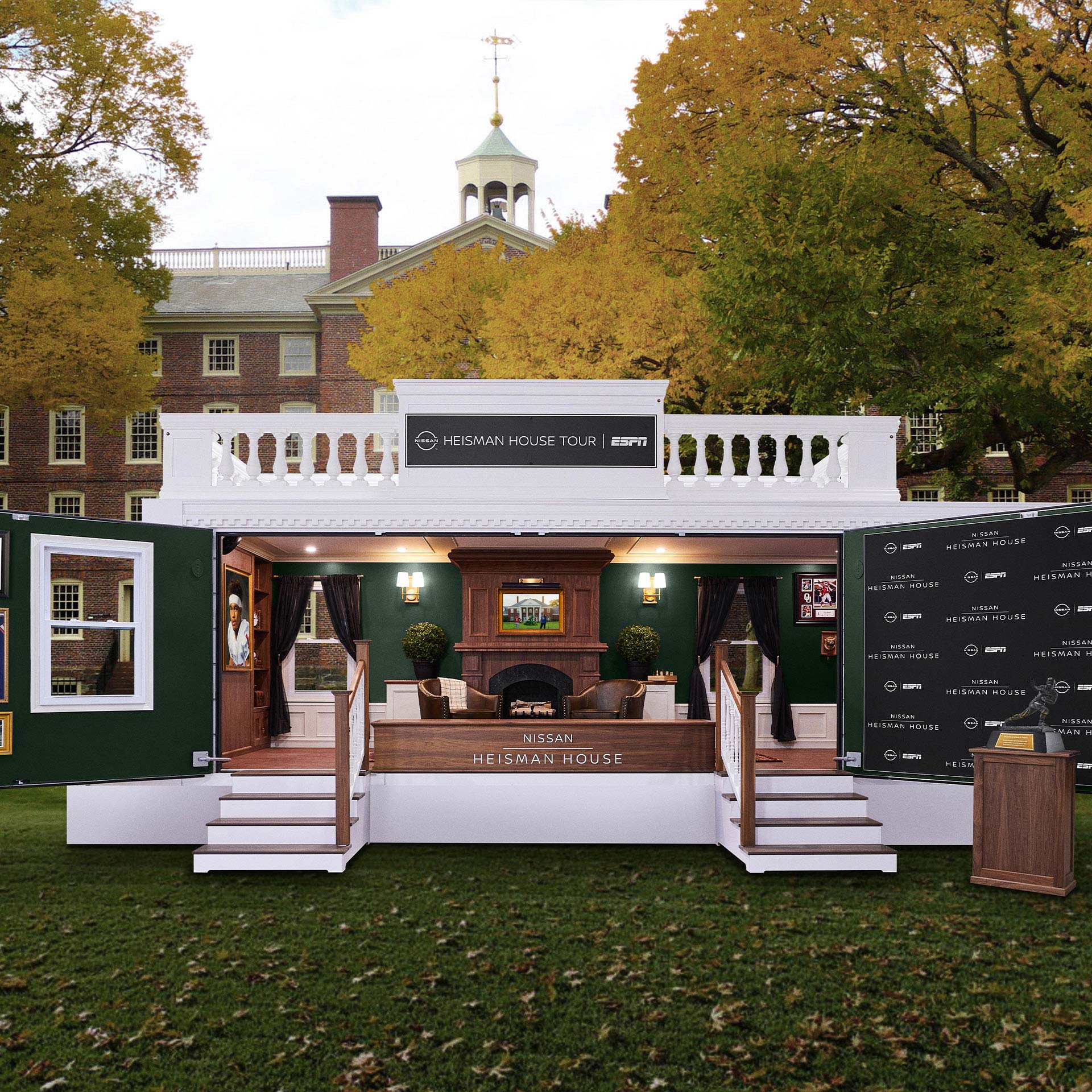 Nissan's Heisman House wall opens out and shows the entire experience crated by GMR Marketing