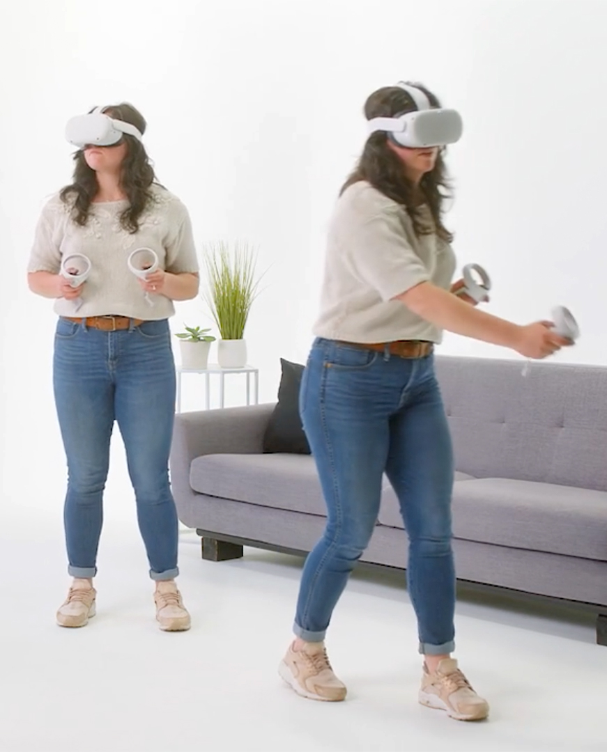 Woman wears oculus VR headset and holds a controller in each hand as she moves through HPE's VR world called The Edge. 