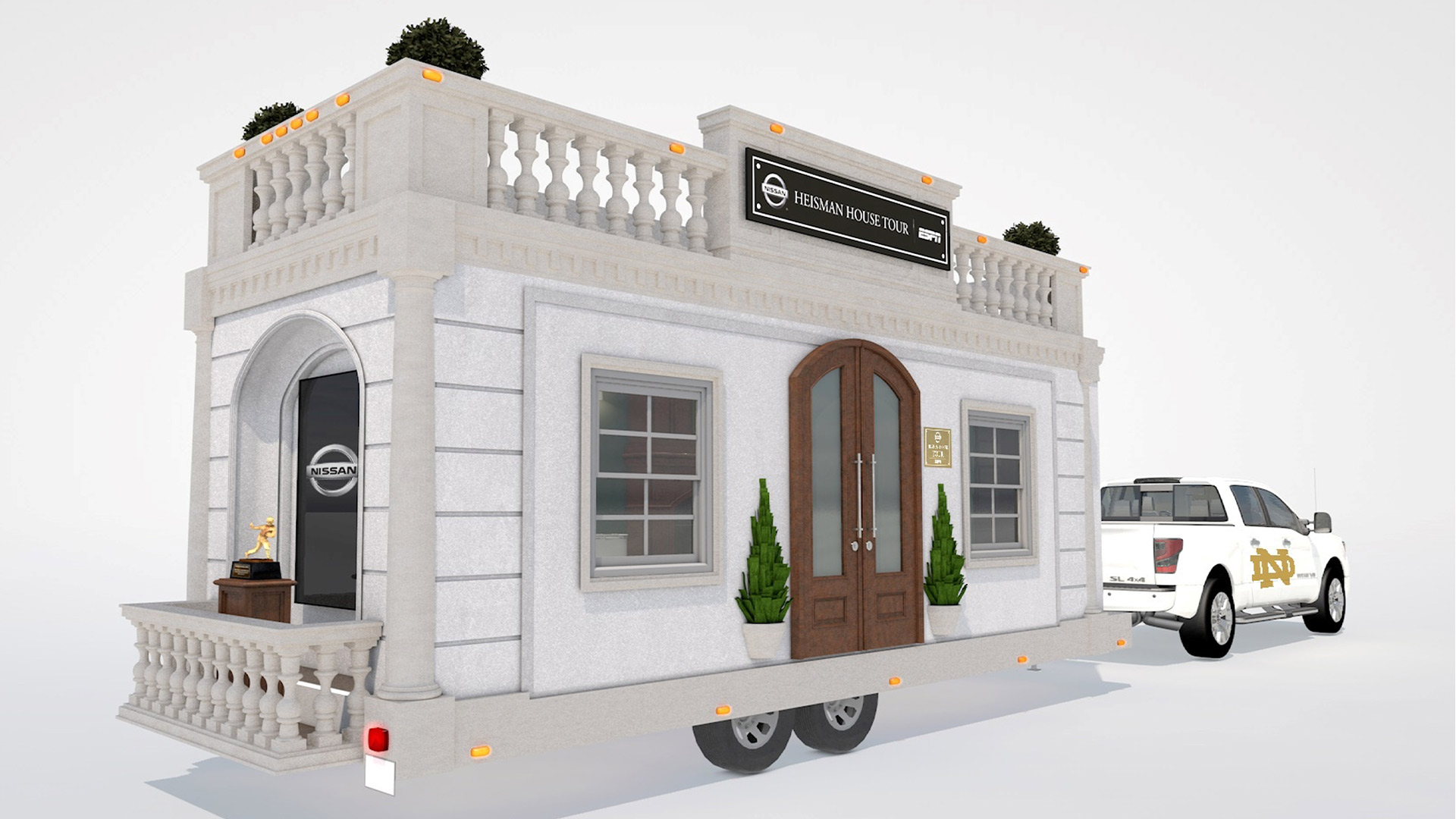 Rendering of the Nissan Heisman House on a trailer bed pulled by a pickup truck